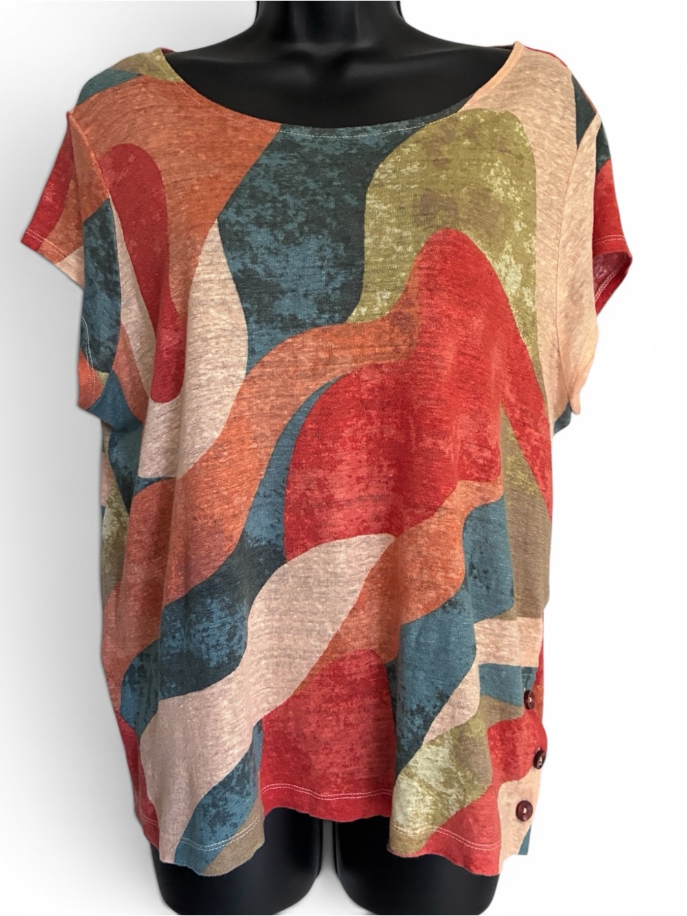 Geometric Linen Artsy Orange Blue Multicolor Wave Print Short Sleeve Top Sz XL